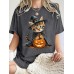 Witch Cat and Pumpkin Pattern Round Neck Short Sleeve