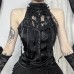 Street Style Gothic Ruffled Rose Strap Top with Spiderweb Bow Neckline for Women