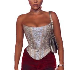 Deep V fishbone waist cinched strapless sparkling sequin diamond backless top