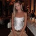 Deep V fishbone waist cinched strapless sparkling sequin diamond backless top
