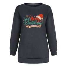 Christmas letter medium length printed fleece shoulder sweatshirt for women