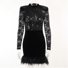 Lace patchwork suede fur see through dress