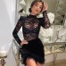 Lace patchwork suede fur see through dress