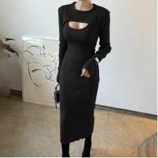 Hollow out shawl sweater slim fit slit suspender dress two-piece set for women