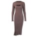Hollow out shawl sweater slim fit slit suspender dress two-piece set for women