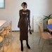 Hollow out shawl sweater slim fit slit suspender dress two-piece set for women