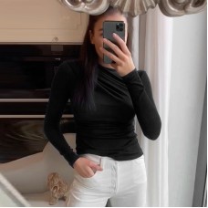 Single shoulder pleated base long sleeved autumn commuting slim fit top