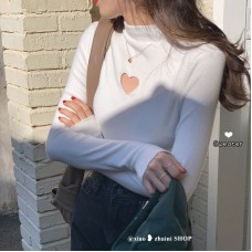 Cotton-Like Double Brushed Heart Cut-Out High Neck Long Sleeve Women's  Stylish Unique Inner Layer Top