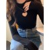 Cotton-Like Double Brushed Heart Cut-Out High Neck Long Sleeve Women's  Stylish Unique Inner Layer Top