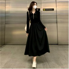 Style Black Long Sleeve Dress for Women, Slim Fit with Waistline, Vintage Chic Silhouette