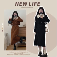 Corduroy Two-Piece Set Style Plus Size Charming Wind Coat + Long Skirt Set