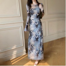 Vintage Flared Sleeve Ink Wash Style Dress for Women, Long Sleeve, Butterfly Waist, Slim Fit, Inner Layer, Bodycon Skirt