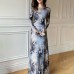 Vintage Flared Sleeve Ink Wash Style Dress for Women, Long Sleeve, Butterfly Waist, Slim Fit, Inner Layer, Bodycon Skirt