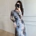 Vintage Flared Sleeve Ink Wash Style Dress for Women, Long Sleeve, Butterfly Waist, Slim Fit, Inner Layer, Bodycon Skirt