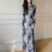Vintage Flared Sleeve Ink Wash Style Dress for Women, Long Sleeve, Butterfly Waist, Slim Fit, Inner Layer, Bodycon Skirt