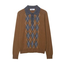 Collar long sleeved three button diamond checkered knitted sweater for women
