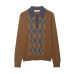 Collar long sleeved three button diamond checkered knitted sweater for women