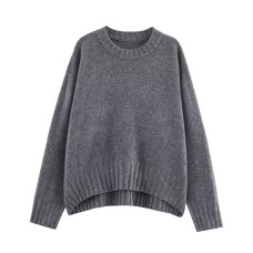Round neck ribbed long sleeved solid color knitted sweater for women