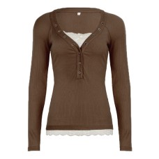 Sweet Girl Style Barbie Pink Lace Spliced Fake Two-Piece Long Sleeve T-Shirt, Sexy Color-Blocked Versatile Basic Top