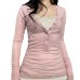 Sweet Girl Style Barbie Pink Lace Spliced Fake Two-Piece Long Sleeve T-Shirt, Sexy Color-Blocked Versatile Basic Top