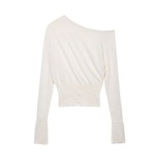 Slanted shoulder collar long sleeved four-color knitted sweater for women