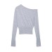 Slanted shoulder collar long sleeved four-color knitted sweater for women