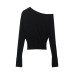 Slanted shoulder collar long sleeved four-color knitted sweater for women
