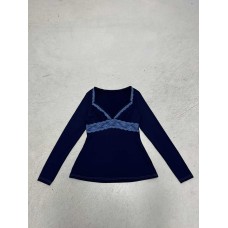 Lace Trimmed Deep V-Neck Fitted Long Sleeve T-Shirt with Ethnic Vintage Style, Slim Fit Top Lace Trimmed Deep V-Neck Fitted Long Sleeve T-Shirt with Ethnic Vintage Style, Slim Fit Top