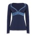 Lace Trimmed Deep V-Neck Fitted Long Sleeve T-Shirt with Ethnic Vintage Style, Slim Fit Top