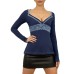 Lace Trimmed Deep V-Neck Fitted Long Sleeve T-Shirt with Ethnic Vintage Style, Slim Fit Top