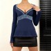 Lace Trimmed Deep V-Neck Fitted Long Sleeve T-Shirt with Ethnic Vintage Style, Slim Fit Top