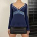 Lace Trimmed Deep V-Neck Fitted Long Sleeve T-Shirt with Ethnic Vintage Style, Slim Fit Top