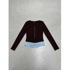 Sexy Retro Brown Faux Two-Piece Long Sleeve T-Shirt with Button Detail, Color-Blocked Crop Top, Casual Layering Tee