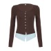 Sexy Retro Brown Faux Two-Piece Long Sleeve T-Shirt with Button Detail, Color-Blocked Crop Top, Casual Layering Tee