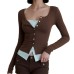 Sexy Retro Brown Faux Two-Piece Long Sleeve T-Shirt with Button Detail, Color-Blocked Crop Top, Casual Layering Tee