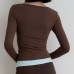 Sexy Retro Brown Faux Two-Piece Long Sleeve T-Shirt with Button Detail, Color-Blocked Crop Top, Casual Layering Tee