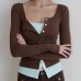 Sexy Retro Brown Faux Two-Piece Long Sleeve T-Shirt with Button Detail, Color-Blocked Crop Top, Casual Layering Tee