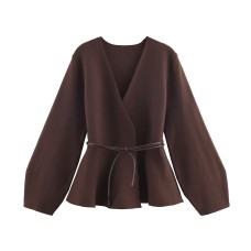 Round neck long sleeved belt solid color top for women