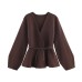 Round neck long sleeved belt solid color top for women