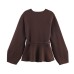 Round neck long sleeved belt solid color top for women