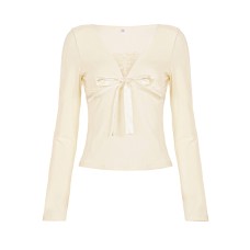 Two-Piece V-Neck Bow Long Sleeve Top,Soft Feminine Look