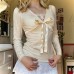 Two-Piece V-Neck Bow Long Sleeve Top,Soft Feminine Look