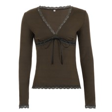 Lace Spliced Design Tie-Waist Slim Fit Long Sleeve V-Neck Elegant Bodycon Top