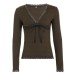 Lace Spliced Design Tie-Waist Slim Fit Long Sleeve V-Neck Elegant Bodycon Top