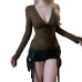 Lace Spliced Design Tie-Waist Slim Fit Long Sleeve V-Neck Elegant Bodycon Top
