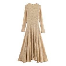 Round neck long sleeved waist cinching solid color big swing dress for women