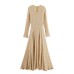 Round neck long sleeved waist cinching solid color big swing dress for women