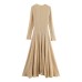 Round neck long sleeved waist cinching solid color big swing dress for women