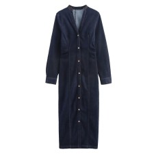V-neck long sleeved single breasted denim dress for women