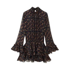 Half high neck flared sleeve printed short skirt dress for women Half high neck flared sleeve printed short skirt dress for women